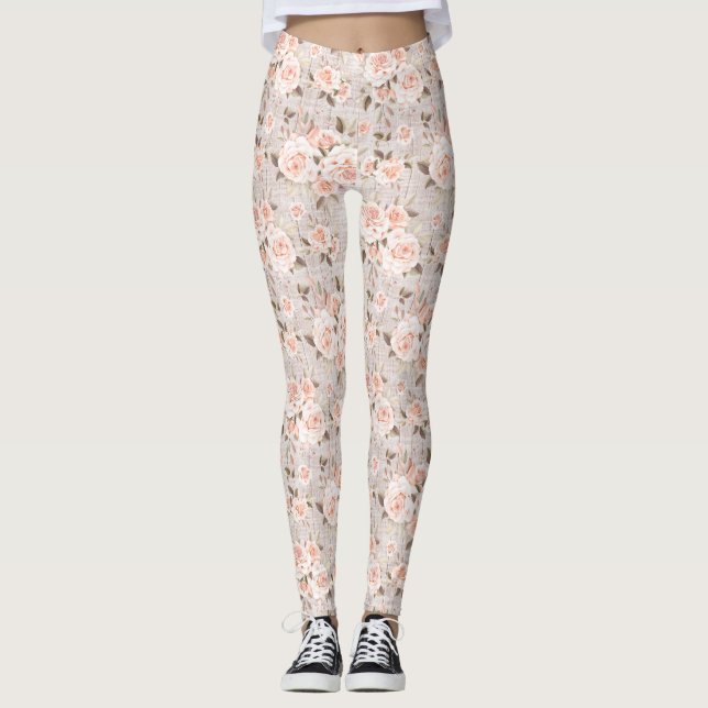 Rustic Wood & Vintage Roses Romantic Shabby Chic Leggings (Front)