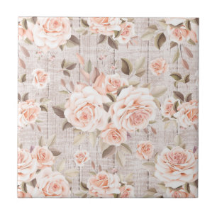 Rustic Wood & Vintage Roses Romantic Shabby Chic Tile