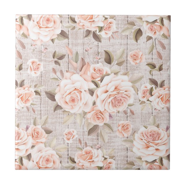 Rustic Wood & Vintage Roses Romantic Shabby Chic Tile (Front)