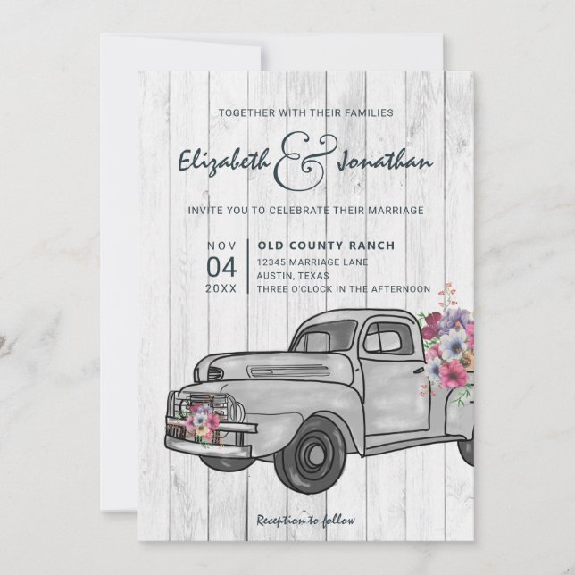 Rustic Wood Vintage Truck Boho Wedding Invitation (Front)