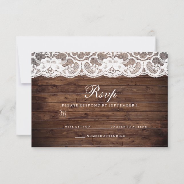 Rustic Wood Vintage White Lace Wedding RSVP Card (Front)
