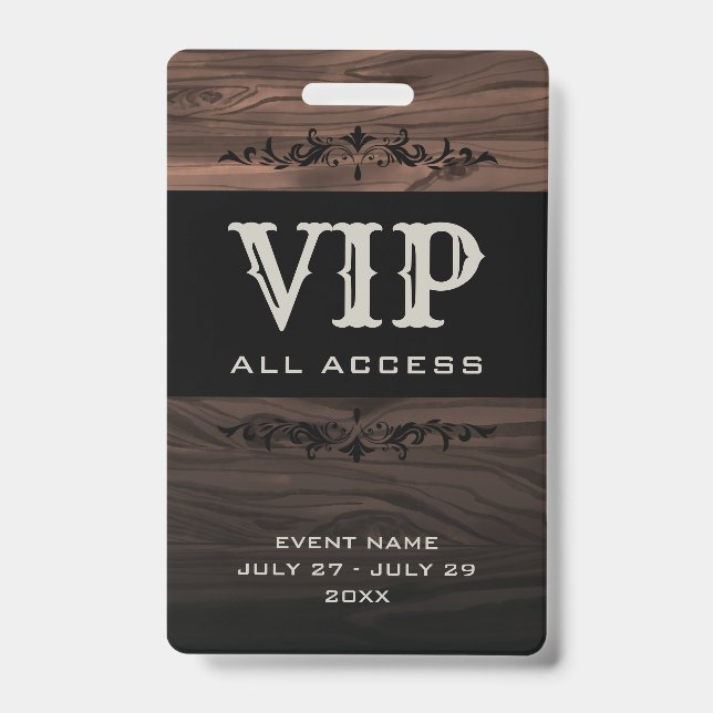 Rustic Wood VIP All Access Pass Event ID Badge (Front)