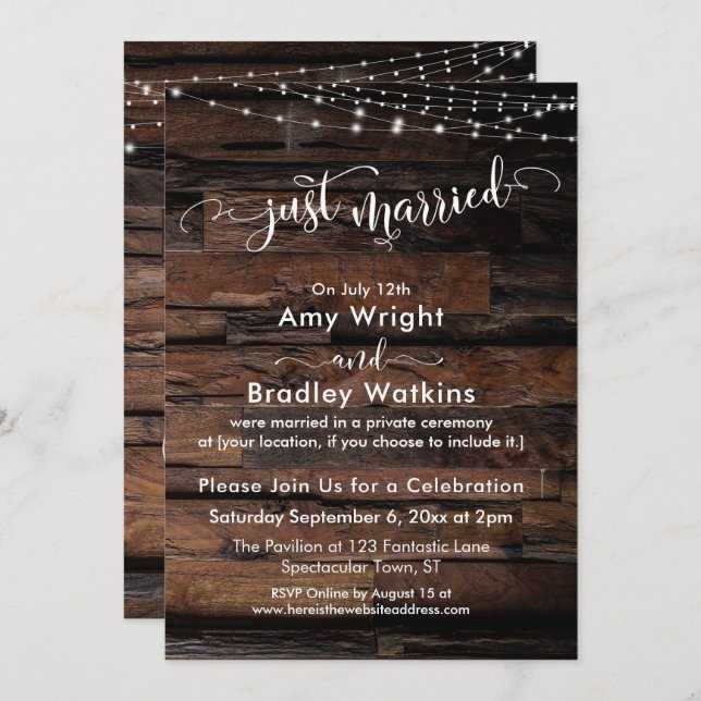Rustic Wood w/ Lights, Just Married Calligraphy Invitation (Front/Back)