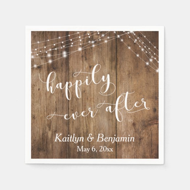 Rustic Wood w/ White Lights, Happily Ever After Napkin (Front)