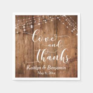 Rustic Wood w/ White Lights, Love and Thanks Napkin