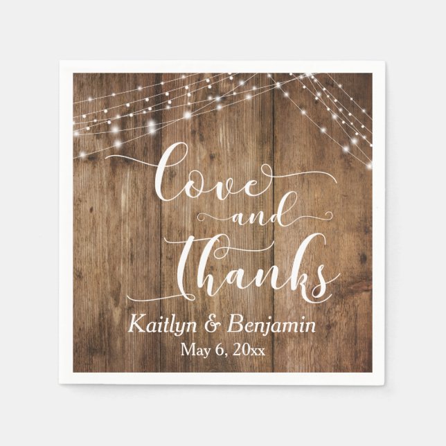 Rustic Wood w/ White Lights, Love and Thanks Napkin (Front)