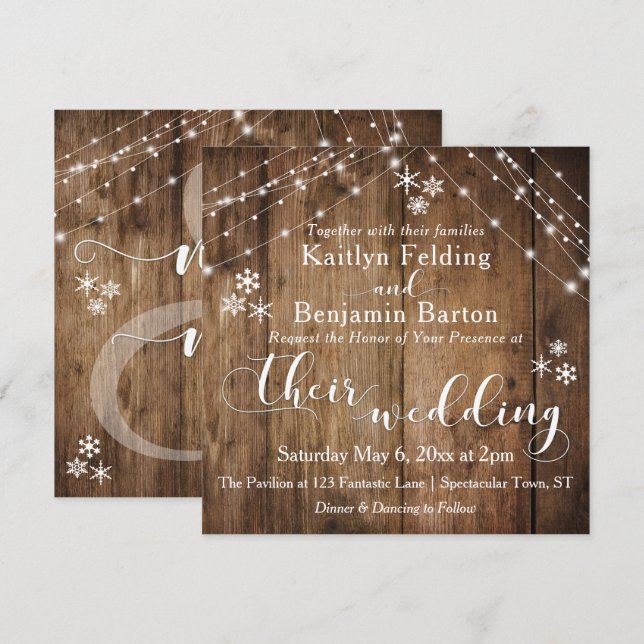 Rustic Wood w/ White Lights & Snowflakes Wedding Invitation (Front/Back)