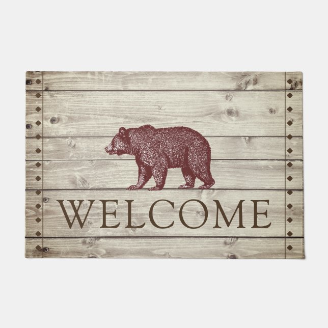 Rustic Wood Walking Bear Welcome Doormat (Front)
