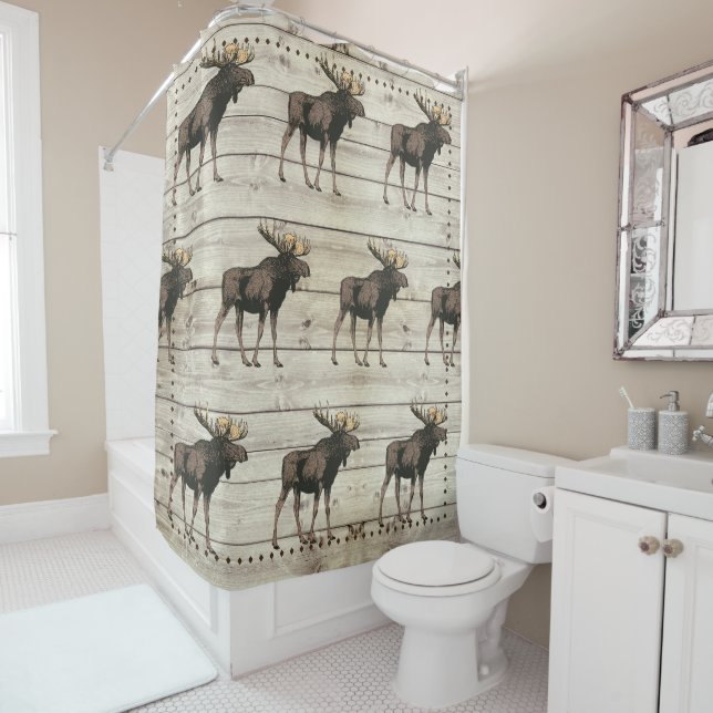 Rustic Wood Walking Moose Family Name  Shower Curtain (In Situ)