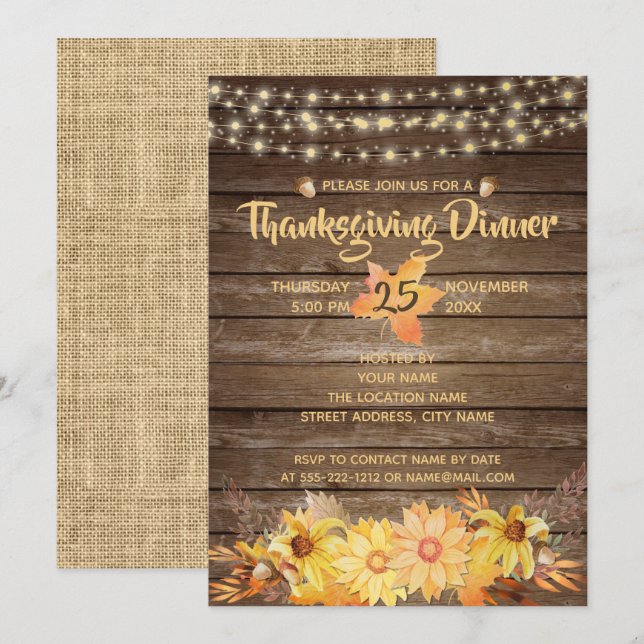 Rustic Wood Watercolor Autumn Floral Thanksgiving Invitation (Front/Back)