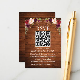 Rustic Wood Watercolor Burgundy Floral QR RSVP Enclosure Card