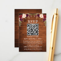 Rustic Wood Watercolor Burgundy Floral QR RSVP