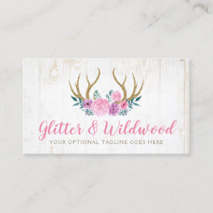 Rustic Wood & Watercolor Floral Antlers Boutique Business Card