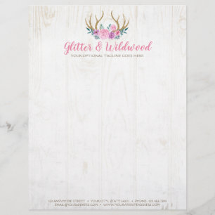 Rustic Wood & Watercolor Floral Antlers Boutique Custom Letterhead