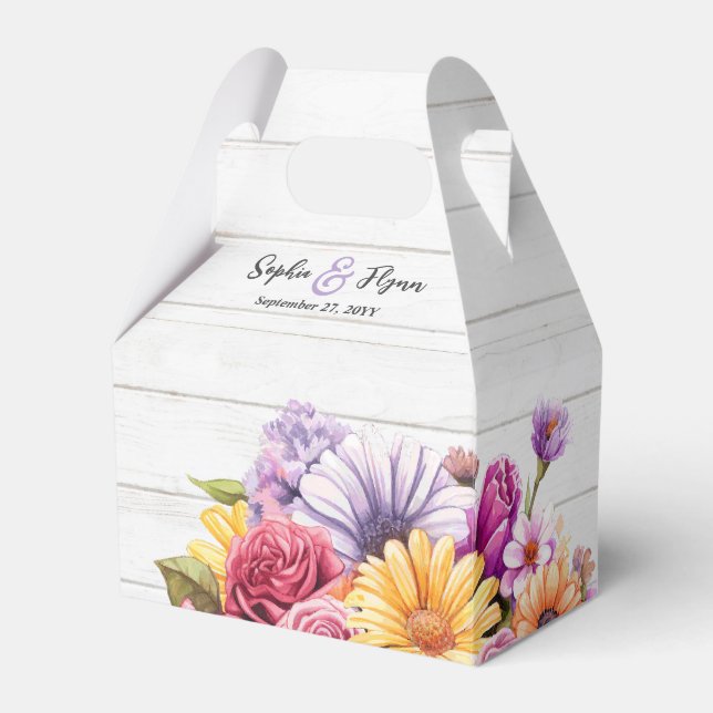 Rustic Wood & Watercolor Floral Country Wedding Favour Box (Front Side)