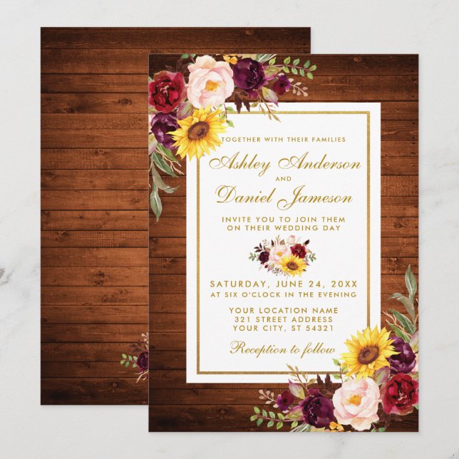 Rustic Wood Watercolor Floral Gold Frame Wedding Invitation (Front/Back)