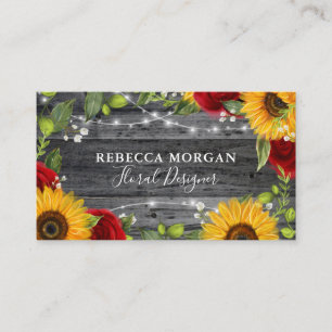 Rustic Wood Watercolor Floral Red Rose Sunflower Business Card