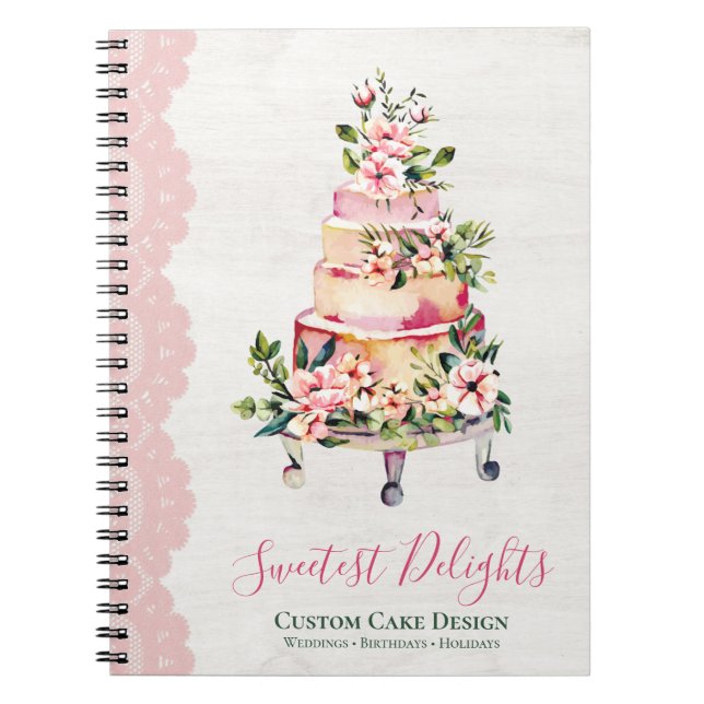 Rustic Wood Watercolor Floral Wedding Cake Bakery Notebook (Front)