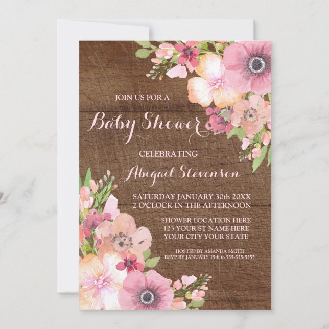 Rustic Wood Watercolor Flowers Baby Shower Invitation (Back)