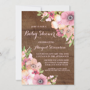 Rustic Wood Watercolor Flowers Baby Shower Invitation