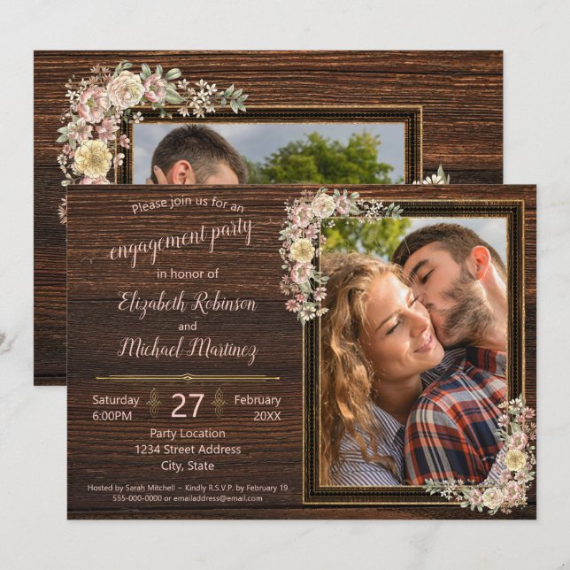 Rustic Wood Watercolor Flowers Template Engagement (Front/Back)