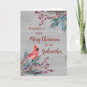 Rustic Wood Watercolor Godmother Merry Christmas Card
