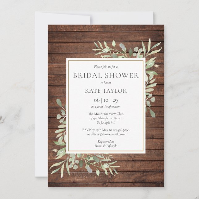 Rustic Wood Watercolor Greenery Bridal Shower Invitation (Front)