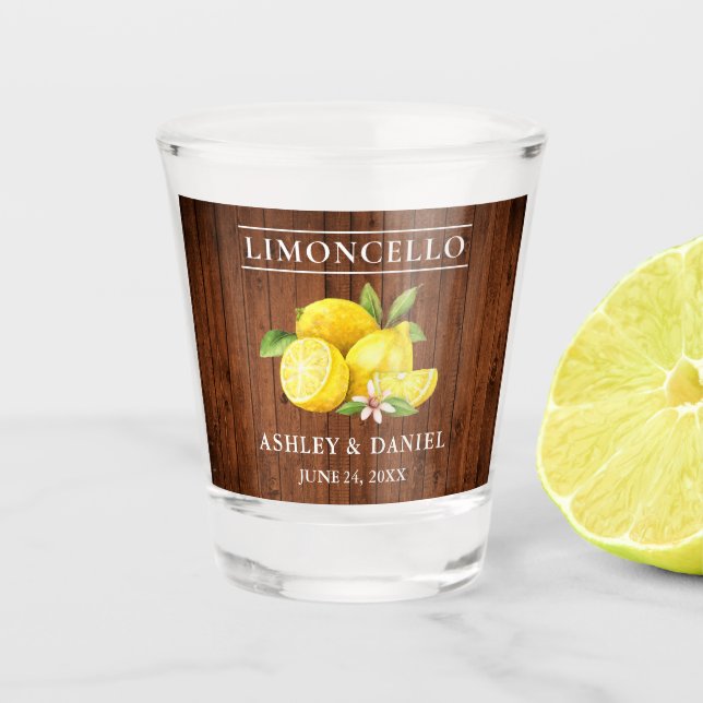 Rustic Wood Watercolor Lemons Wedding Limoncello Shot Glass (Front)
