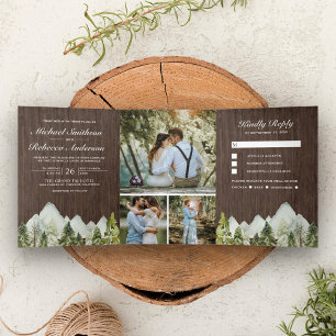 Rustic Wood Watercolor Mountain Pine Trees Wedding Tri-Fold Invitation