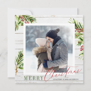 Rustic Wood Watercolor Pine 2 Photo Christmas Holiday Card