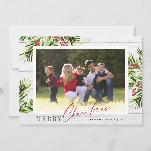 Rustic Wood Watercolor Pine Photo Merry Christmas Holiday Card (Front)
