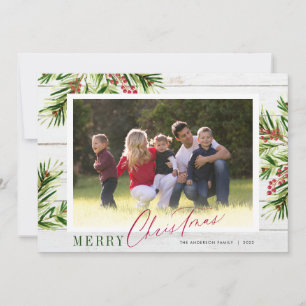 Rustic Wood Watercolor Pine Photo Merry Christmas Holiday Card