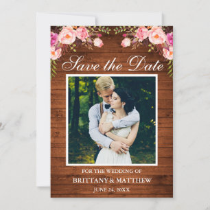 Rustic Wood Watercolor Pink Floral Photo Save The Date