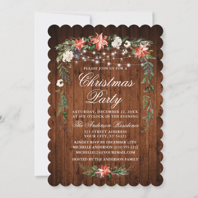 Rustic Wood Watercolor Poinsettia Lights Christmas Invitation (Front)