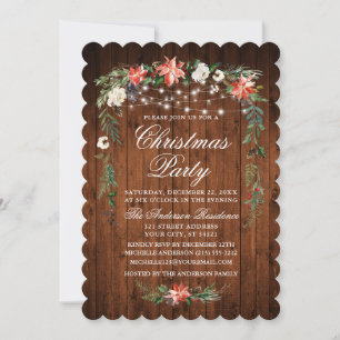 Rustic Wood Watercolor Poinsettia Lights Christmas Invitation