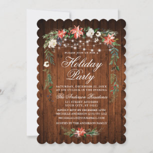 Rustic Wood Watercolor Poinsettia Lights Holiday Invitation