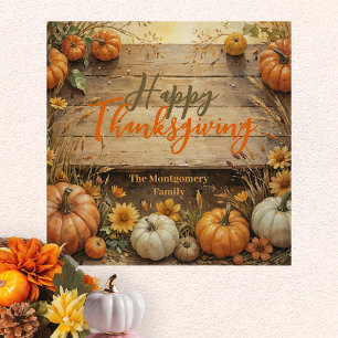Rustic Wood Watercolor Pumpkin Family Thanksgiving Poster