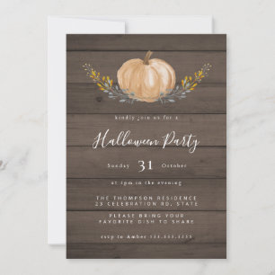 Rustic Wood Watercolor Pumpkin Halloween Party Invitation
