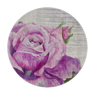 Rustic Wood Watercolor Purple Rose Cutting Board