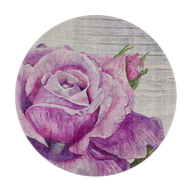 Rustic Wood Watercolor Purple Rose Cutting Board (Front)