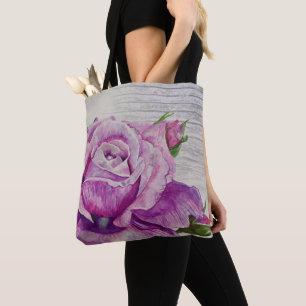 Rustic Wood Watercolor Purple Rose Tote Bag