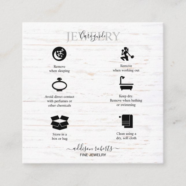 Rustic Wood Watercolor Sunflower Jewellery Care  Square Business Card (Front)