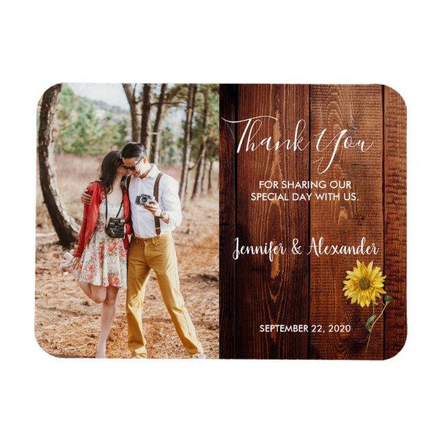 Rustic wood watercolor sunflower photo wedding magnet (Horizontal)