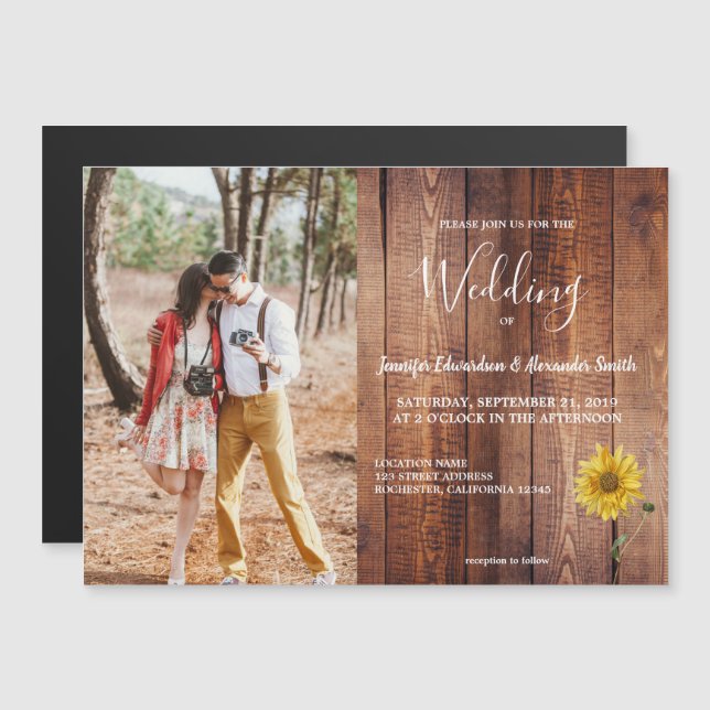 Rustic wood watercolor sunflower photo wedding magnetic invitation (Front/Back)
