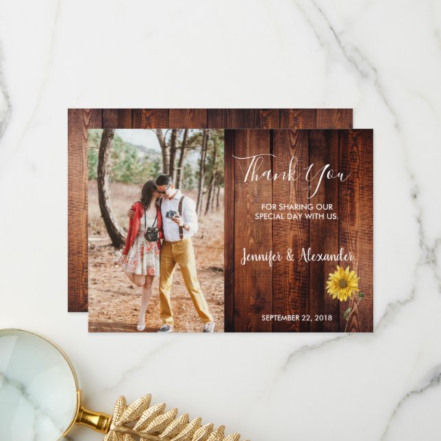 Rustic wood watercolor sunflower photo wedding thank you card (Front/Back In Situ)