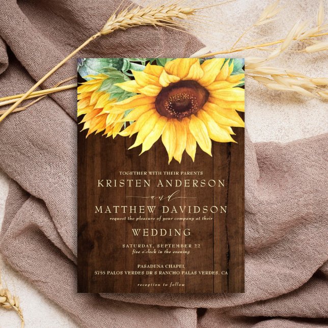 Rustic Wood Watercolor Sunflower Wedding Invitation (Creator Uploaded)