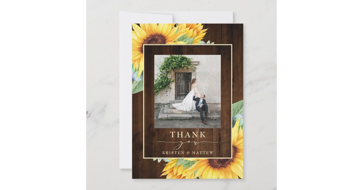 Rustic Wood Watercolor Sunflower Wedding Photo Thank You Card | Zazzle