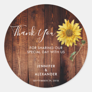 Rustic wood watercolor sunflower Wedding Thank You Classic Round Sticker