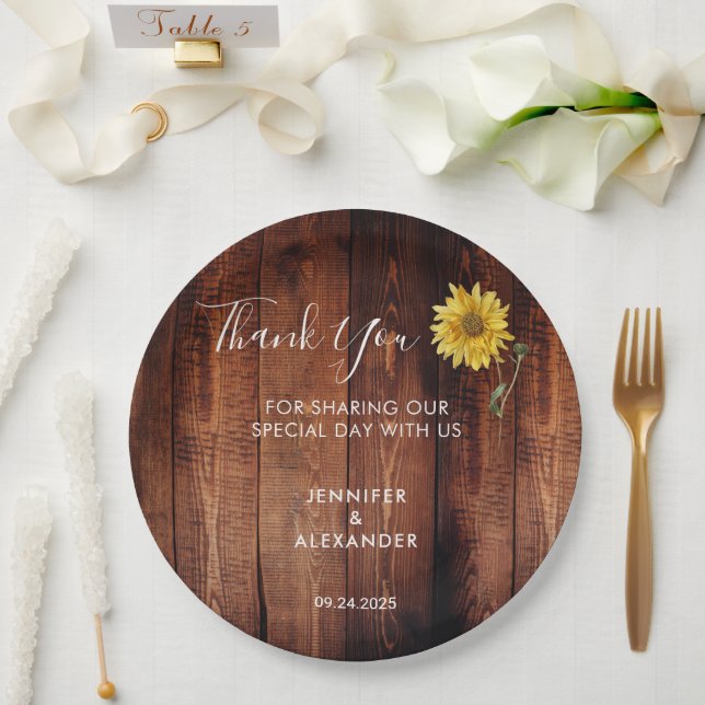 Rustic wood watercolor sunflower wedding thank you paper plate (Wedding)