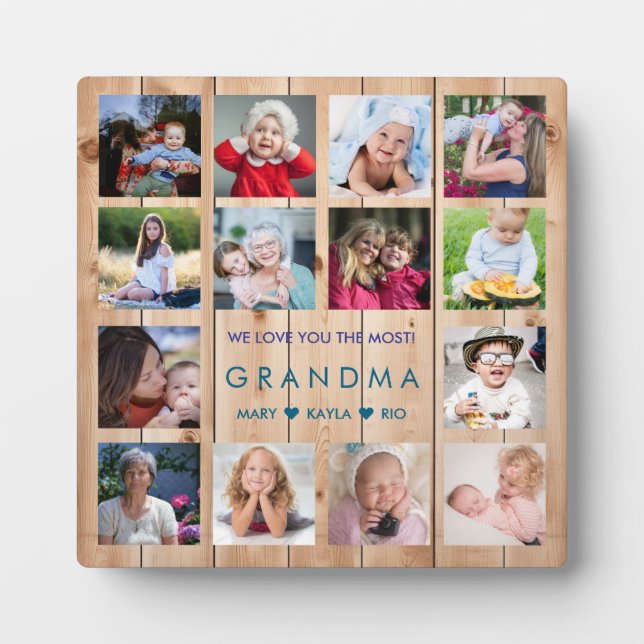 Rustic Wood We Love You Grandma 14 Photo Collage Plaque (Front)